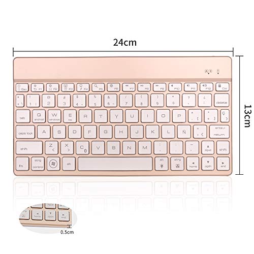 SENGBIRCH Bluetooth Teclado Español, Teclado Inalámbrico Delgado para iOS-Android-Windows Retroiluminada 7 Colores Teclado Compatible con iPad, Tablet PC，Mac (Oro)