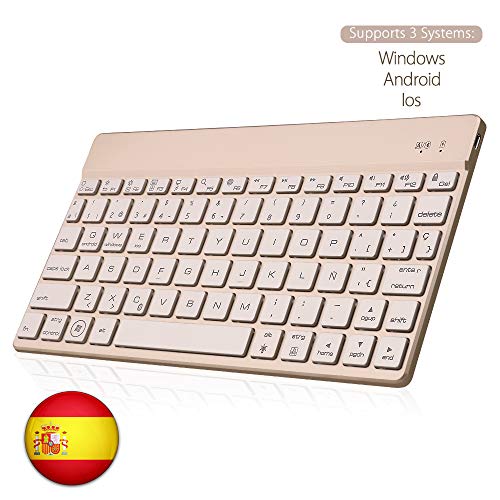 SENGBIRCH Bluetooth Teclado Español, Teclado Inalámbrico Delgado para iOS-Android-Windows Retroiluminada 7 Colores Teclado Compatible con iPad, Tablet PC，Mac (Oro)