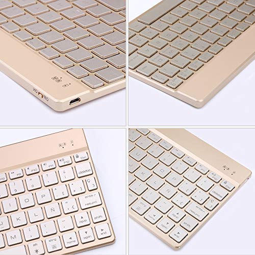 SENGBIRCH Bluetooth Teclado Español, Teclado Inalámbrico Delgado para iOS-Android-Windows Retroiluminada 7 Colores Teclado Compatible con iPad, Tablet PC，Mac (Oro)