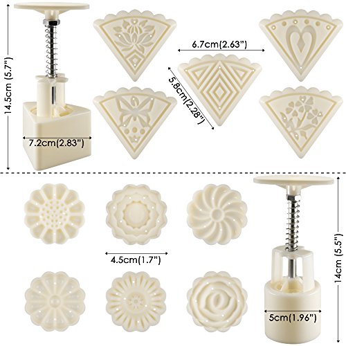 Senhai 2 Juegos Mooncake Mold Press 50g con 11 Sellos, Flor y Triángulo Forma Herramientas de Decoración para Hornear DIY Cookie - Blanco