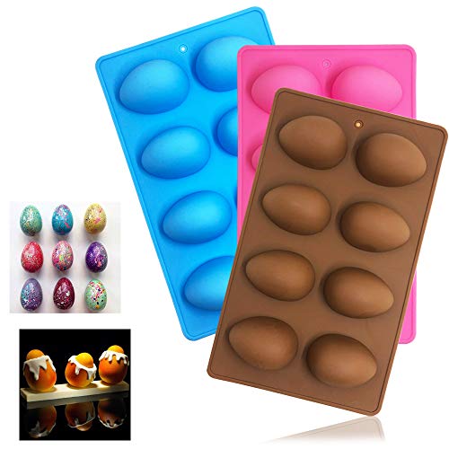 SENHAI 3 moldes de silicona en forma de huevo, 8 cavidades de grado alimenticio para decoración de tartas, chocolate, pastelería, pan, cubitos de hielo, jabón, rosa, azul, marrón