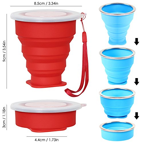 Senhai 5 Pack Copa de Viaje Plegable con Tapa, 6Oz Silicona Taza Plegable de Beber, BPA Libre retráctil para IR de excursión Camping Picnic - Azul, Verde, Amarillo, Naranja, Rojo