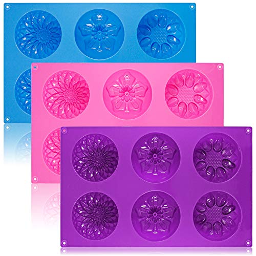 Senhai 6-cavidad de Silicona Flor Forma Bollo moldes, 3 Paquetes de Pasta de azúcar Fondante Forma de Bandeja de Cubitos de Hielo para la Torta casera Chocolate Cupcake - Purple Blue Pink