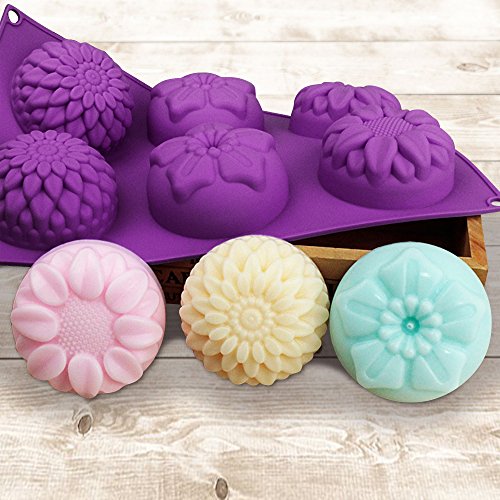 Senhai 6-cavidad de Silicona Flor Forma Bollo moldes, 3 Paquetes de Pasta de azúcar Fondante Forma de Bandeja de Cubitos de Hielo para la Torta casera Chocolate Cupcake - Purple Blue Pink