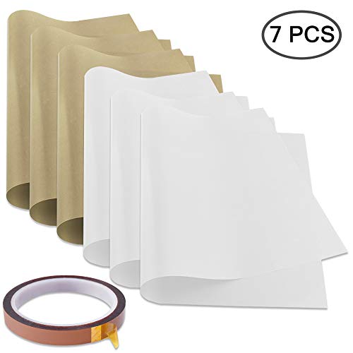 SENHAI - 6 hojas de teflón PTFE con 1 cinta de calor para transferencia de papel de transferencia de calor antiadherente resistente al calor para hornear (30 x 39,7 cm), color marrón y blanco