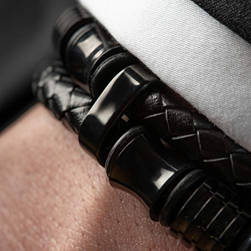 SERASAR 20cm Negro Pulsera de Cuero Hombre Chico Pulseras Hombres Brazalete Brazaletes Pulso Muñequera Muñequeras Bisuteria Bisutería Joyeria Nudos Cuerda Cuerdas Bracelet Men Jewellery Unisex Ancha