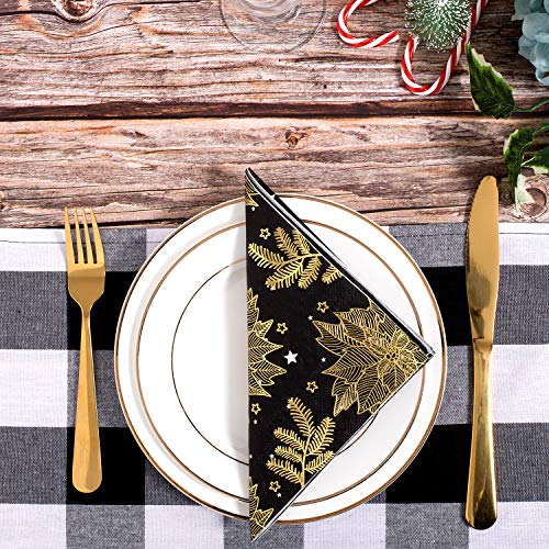 Servilletas de papel Whaline de Navidad, color negro con flores doradas, perfectas para fiestas de Navidad, bodas, cumpleaños, 33 cm x 33 cm (paquete de 60)