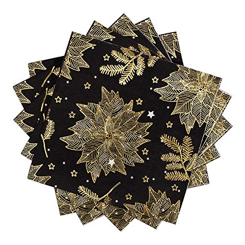 Servilletas de papel Whaline de Navidad, color negro con flores doradas, perfectas para fiestas de Navidad, bodas, cumpleaños, 33 cm x 33 cm (paquete de 60)
