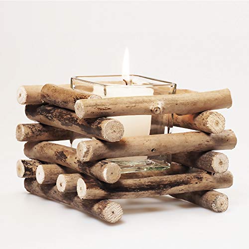 Set de 2 Velas Decorativas con Vaso de Vidrio | Estilo rústico | Portavelas de Madera de Mesa para decoración del hogar.