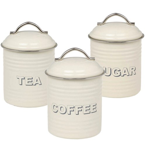 Set de 3 botes metálicos para té, café y azucar, diseño retro, color crema