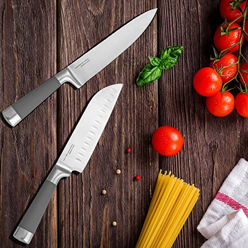 Set de 4 cuchillos Profesionales: Chef, Santoku, Multiusos y Pelador, mango silicona, balanceados