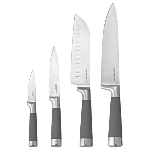 Set de 4 cuchillos Profesionales: Chef, Santoku, Multiusos y Pelador, mango silicona, balanceados