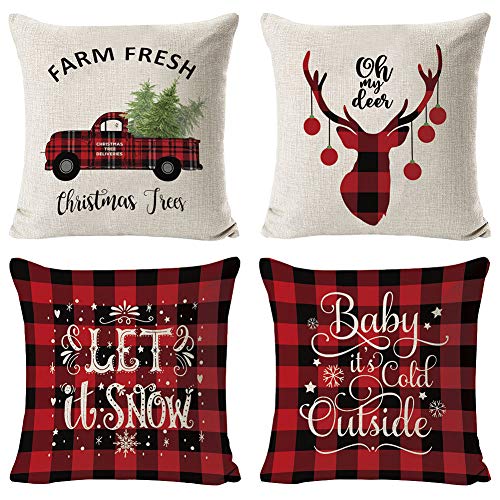 Set de 4 Fundas Navideñas para Cojines, Árbol de Navidad Reno del Copo de Nieve Decoración para el Hogar Fundas de Almohada de Lino Funda de Almohada Decorativa de Navidad Casa, 17.7 Pulgadas Style A