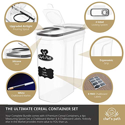 Set de Cajas de Almacenaje para Cereales y Harina - Tapers para Comida Herméticos, 8 Etiquetas, Set de Cucharas Medidoras y Bolígrafo - Dispensador de Cereales sin BPA (4L) - Chef's Path (3u)