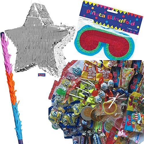 Set de piñata estrella plateada con máscara, golpeador, 100 piezas de caramelos, piñata fabricada a mano en España Ideal para fiestas de cumpleaños infantiles o fiestas temáticas.