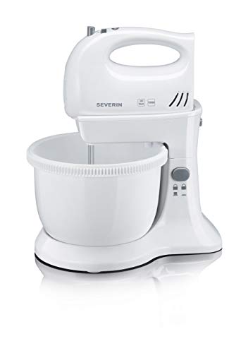 Severin HM 3810 Juego de Batidora Amasadora, incluso soporte de mesa y bol de 3 L, 300 W, Plástico, 5 Velocidades, Blanco y Gris