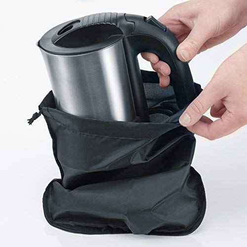 SEVERIN Juego de Hervidor de Viaje, 0,5 L, Incl. 2 Tazas de Plástico, Cuchara y Bolsa de viaje, 1000 W aprox., WK 3646, Acero Inoxidable/Negro