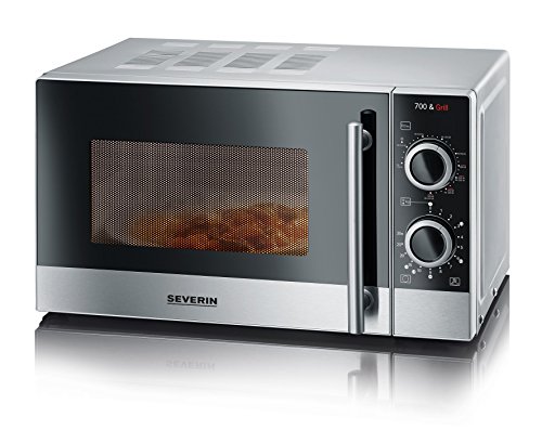 SEVERIN Microondas 2 en 1, con Función Grill, Incl. Rejilla de Grill y Plato Giratorio (Ø 24,5cm), 700 W, MW 7874, Acero Inoxidable/Negro