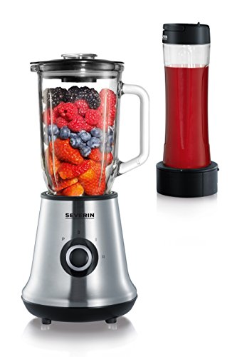 Severin SM 3737 Batidora Smoothie Mix & Go, Incluso Recipiente de 1 L y un Vaso con Tapa de 600 ml, 500 W, 1 Liter, Vidrio, 2 Velocidades, Acero Inoxidable y Negro