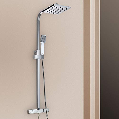 Sfeomi 200mm Columna de Ducha Termostático Panel Termostático Cuadrado Mezclador de Ducha de Baño Termostático de 38 ° C con Sistema de Ducha de Lluvia y de Mano (Termostático)