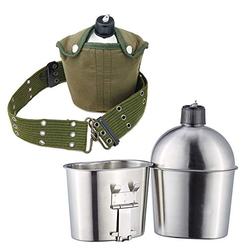 Sfeomi Cantimplora Militar Acero Inoxidable 1Qt G.I. Cantina de Estilo Militar con Copa y Cubierta de Nylon Cantimplora de Agua Militar para Senderismo, Camping, etc.