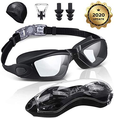 SGODDE Gafas de Natación Antivaho, Protección UV Gafas para Nadar,Sin Fugas Ajustable Gafas de Buceo con Gorro de Natacion Suave,Clip de Nariz,Enchufe de Oído,Funda Protectora,para Hombre Mujere Niño