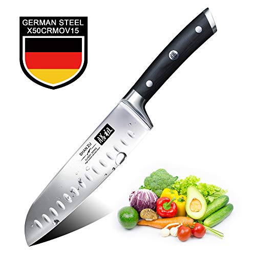 SHAN ZU Cuchillo Santoku Japones, Cuchillos de Cocina Profesionales 18cm, 7 ''Cuchillo Chef de Acero Inoxidable Alemán de Alto Carbono, Cuchillos Cocinero para Frutas, Verduras, Carne