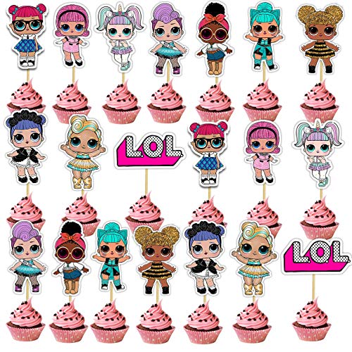 SHANFAA 20 Piezas Doble Cara Decoración de la Tarta de cumpleaños de LOL, Cupcake Topper,Decoración Linda de la Torta de la Fiesta de cumpleaños del Personaje de Dibujos Animados (10 Estilos)