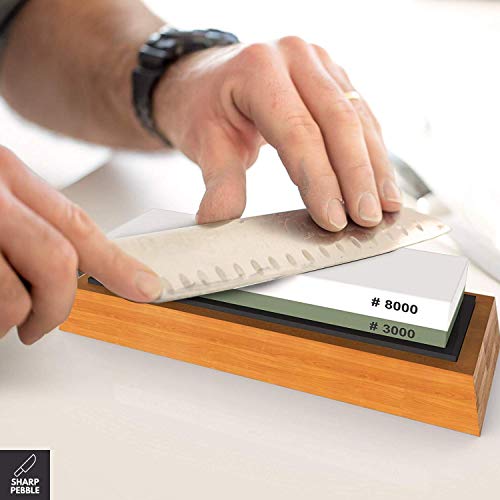 Sharp Pebble Piedra de afilar 2 Side Grit Whetstone mejor cuchillo de cocina Afilador Waterstone con antideslizante de goma base y aplanamiento de piedra 3000/8000