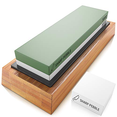 Sharp Pebble Piedra de afilar 2 Side Grit Whetstone mejor cuchillo de cocina Afilador Waterstone con antideslizante de goma base y aplanamiento de piedra 3000/8000