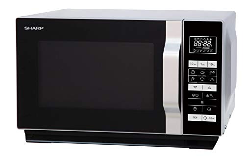 Sharp R260S-Microondas (800 W,20 l de capacidad,5 niveles de potencia,8 programas automáticos de cocción automática con programa de palomitas,horquilla plana,sin plato giratorio),negro y plateado