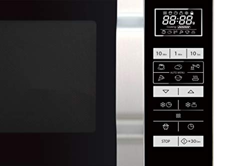 Sharp R260S-Microondas (800 W,20 l de capacidad,5 niveles de potencia,8 programas automáticos de cocción automática con programa de palomitas,horquilla plana,sin plato giratorio),negro y plateado