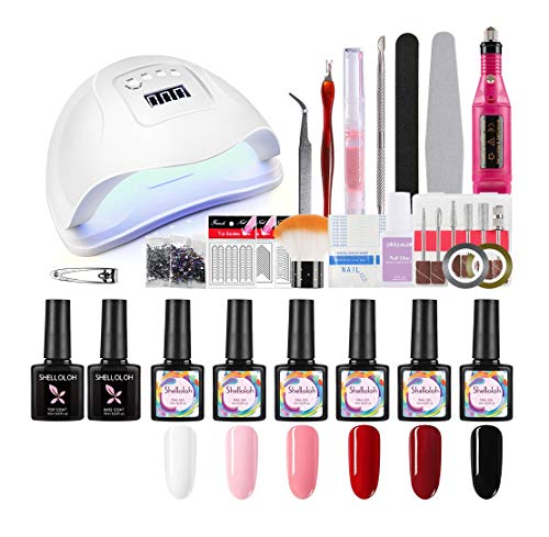 Shelloloh 80W Secador de Uñas Nail Dryer Esmalte Semipermanente 6pcs Kit Uñas de Gel Soak off 10ml con Pulidor Taladro Nail Pulidora Capa Base Capa Superior para Manicura Pedicura