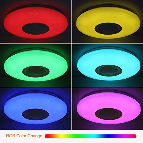 SHILOOK Lámpara LED Techo Regulable con Altavoz Bluetooth, Mando y Aplicación, 24W Plafón Led Techo RGB Cambio de Color para Domitorios Juveniles, Cocina, Salón, 3000-6500K Moderno Redondo 40cm