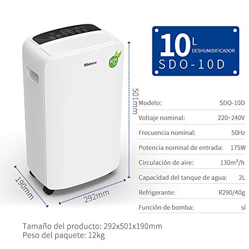 SHINCO Deshumidificador Portátil, 10L / 24h, Drenaje Continuo, Ropa Seca, bajo Consumo de energía, silencioso Elimina la Humedad en Habitaciones de hasta 18㎡, contra la Humedad