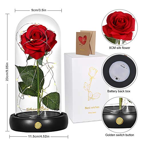 shirylzee Rosas Bella y la Bestia, Kit de Rosa Encantada, Regalos para Día de Navidad, San Valentin, Cumpleaños, Boda, Aniversario, Magicos Decoración Elegante Cúpula de Cristal con Base Pino Luz LED