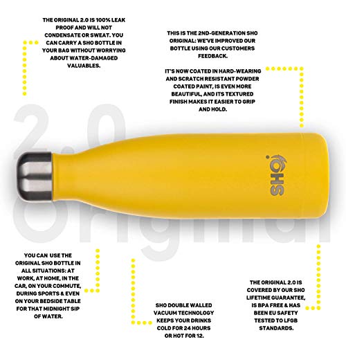 SHO Bottle - Botella Última Aislada por Vacío de Doble Pared de Acero Inoxidable, Botella de Agua y Vaso – 12 Horas Caliente & 24 Fría – Sin BPA (Stainless Steel 2.0 - Powder Coated, 260ml)