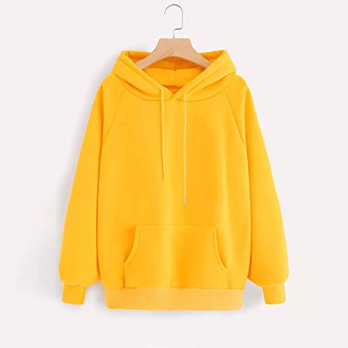 SHOBDW LiquidacióN Venta Moda para Mujer Sudadera con Capucha Pullover Blusa con Bolsillo SóLido Flojo OtoñO Invierno Manga Larga para Mujer Tops(Amarillo,S)