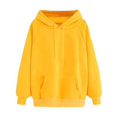 SHOBDW LiquidacióN Venta Moda para Mujer Sudadera con Capucha Pullover Blusa con Bolsillo SóLido Flojo OtoñO Invierno Manga Larga para Mujer Tops(Amarillo,S)