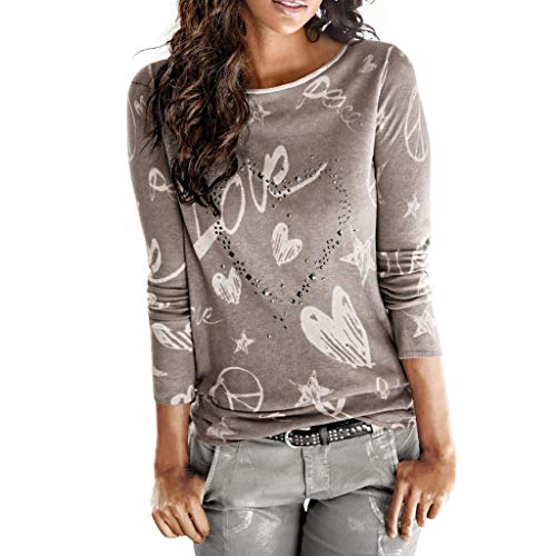 SHOBDW Mujeres Camiseta de Manga Larga con Cuello Redondo y Camisa Impresa Moda Casual Primavera Otoño Blusa Algodón Suelto Tops Sudadera Pullover Camiseta Elegante(Café,M)