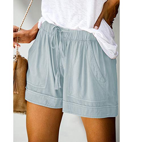 SHOBDW Pantalones Cortos elásticos de la Playa de la impresión de la Raya de Las Mujeres del Verano de la Cintura Alta Pantalones Cortos Flojos de la Playa del Dril de algodón (XL, Blanco-2)