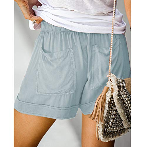 SHOBDW Pantalones Cortos elásticos de la Playa de la impresión de la Raya de Las Mujeres del Verano de la Cintura Alta Pantalones Cortos Flojos de la Playa del Dril de algodón (XL, Blanco-2)