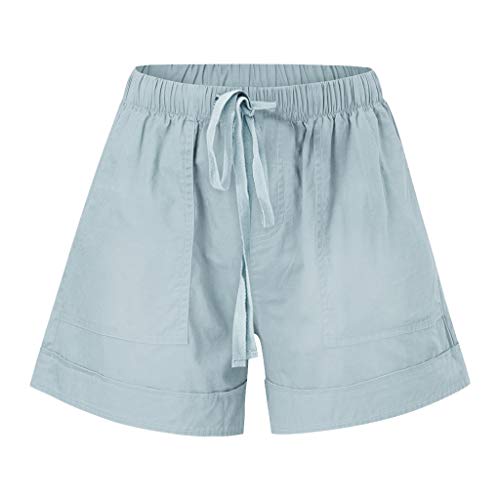 SHOBDW Pantalones Cortos elásticos de la Playa de la impresión de la Raya de Las Mujeres del Verano de la Cintura Alta Pantalones Cortos Flojos de la Playa del Dril de algodón (XL, Blanco-2)