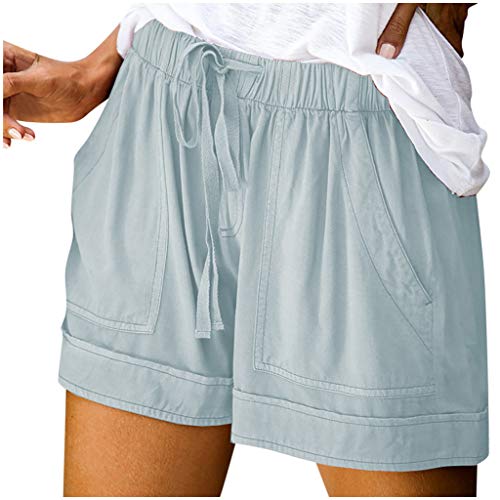 SHOBDW Pantalones Cortos elásticos de la Playa de la impresión de la Raya de Las Mujeres del Verano de la Cintura Alta Pantalones Cortos Flojos de la Playa del Dril de algodón (XL, Blanco-2)