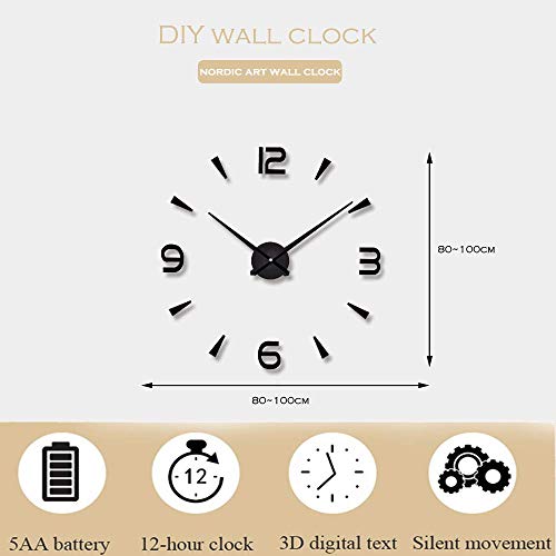 SHS2018 Reloj de pared moderno silencioso, adhesivo 3D, reloj de pared para decoración de casa, restaurante, oficina y hotel (negro)