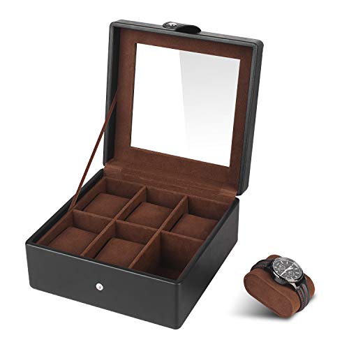 SHYOSUCCE Caja de Relojes con 6 Compartimentos,Tapa de Cristal, Forro de Terciopelo, Organizador de Relojes Negro(19,5x19,5x9,5 cm)