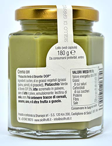 SICILFRUTTI CREMA DE PISTACHO DOP de Sicilia 180 Gr, Crema de frutos secos pistachios, crema pistacho dulce y esparcible, pistacho Bronte, para rellenar pasteles y para el desayuno.100% Made in Italy