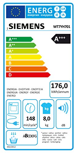 Siemens WT7YH701 Independiente Carga frontal 8kg A+++-10% Acero inoxidable, Color blanco - Secadora (Independiente, Carga frontal, Bomba de calor, Acero inoxidable, Blanco, Giratorio, Derecho)