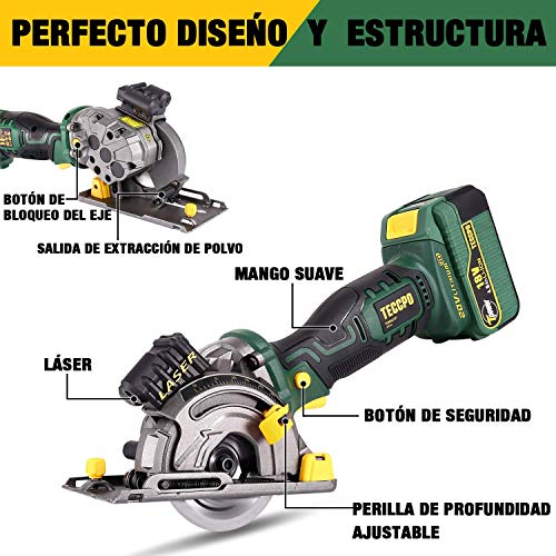 Sierra Circular TECCPO, Batería 4Ah 18V, 1h Cargador Rápido, 4500RPM, 2 Hojas Ø115mm para Madera, Corte a 90°: 42.8mm y Corte a 45°, Luz Láser, Maletín Resistente -TDMS22P