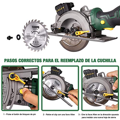 Sierra Circular TECCPO, Batería 4Ah 18V, 1h Cargador Rápido, 4500RPM, 2 Hojas Ø115mm para Madera, Corte a 90°: 42.8mm y Corte a 45°, Luz Láser, Maletín Resistente -TDMS22P